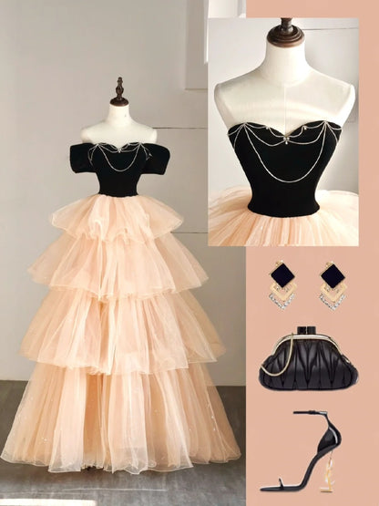 Prinzessinnen-Ballkleid, schulterfrei, Tüll, Champagner, formelles Outfit für College, Abschlussball, Abschlusskleid für Teenager N1348