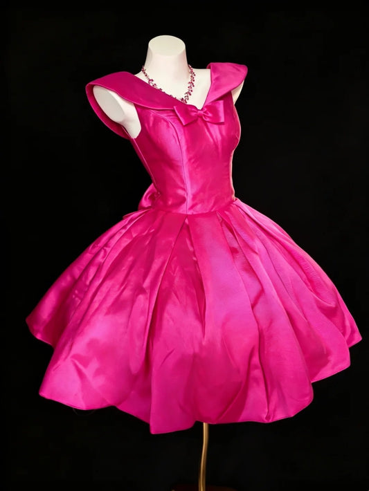 Cute Ball Gown V Neck Hot Pink Satin Short Mini Party Dress Cocktail Homecoming Dresses N4213