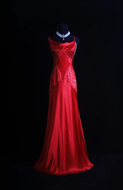 Robe de bal longue rétro sirène à fines bretelles en satin rouge, corsage perlé, inspiration années 90, tenue de soirée pour un 18e anniversaire, N491