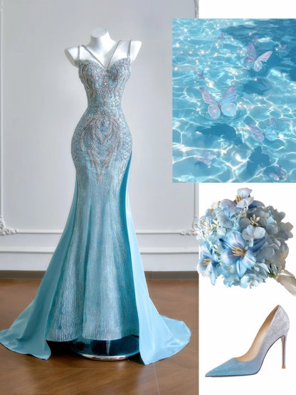 Robe de bal longue sirène bleue à fines bretelles et perles argentées, ornée de perles, idéale pour les soirées formelles et les fêtes d'anniversaire (N380)