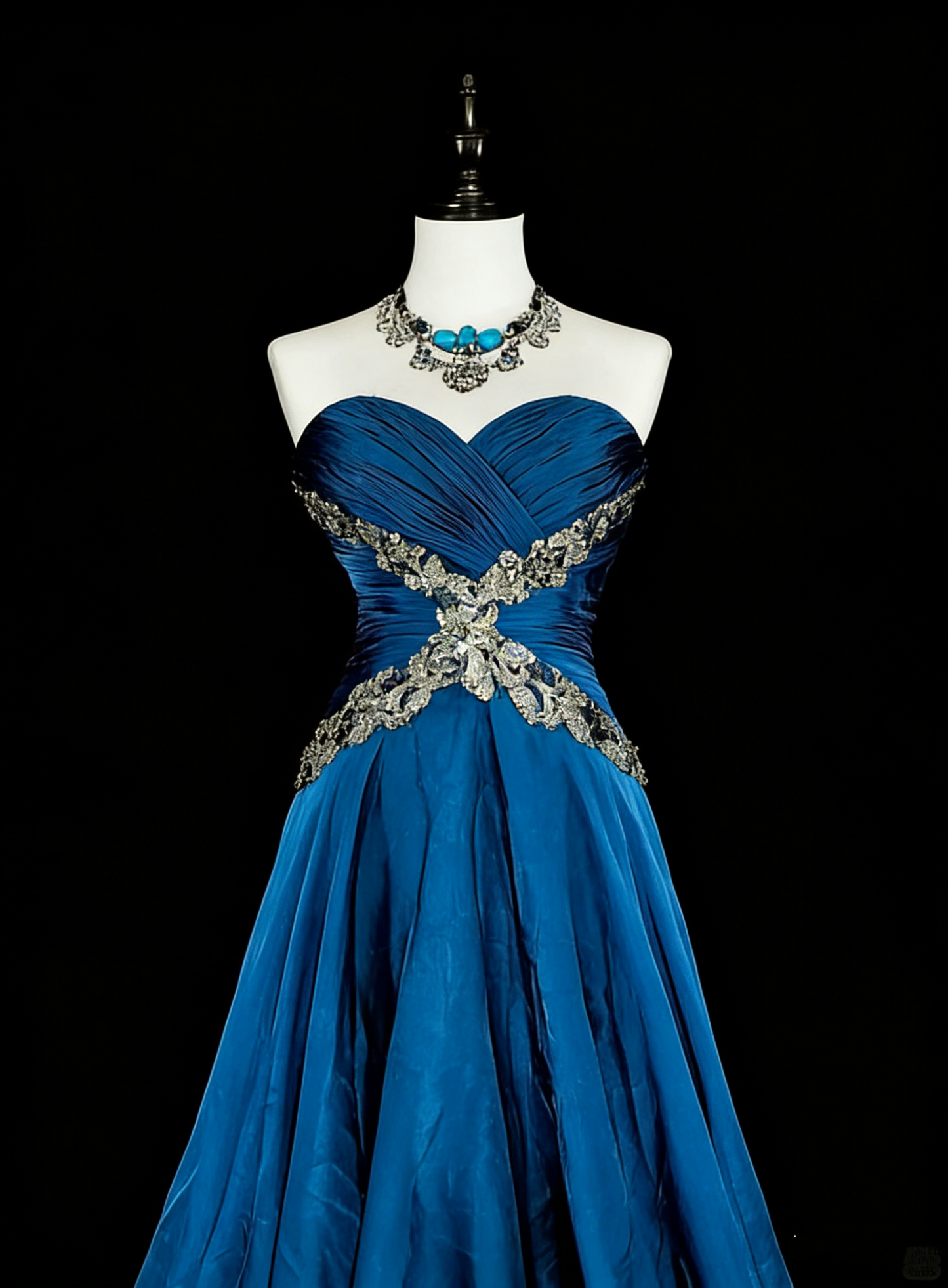 Robe de bal longue vintage en mousseline bleue Sweethart, coupe trapèze, N1824