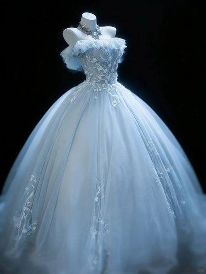 Robes de bal de promo modestes sans bretelles en tulle bleu ciel avec applications longue robe de Quinceanera N3052
