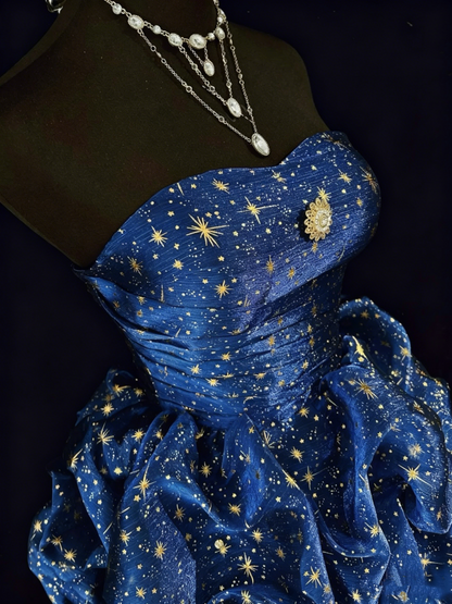 Glamouröses Ballkleid, Neckholder, Marineblau mit goldenen Sternen, Partykleid, Cocktailkleid, Abendkleid, N3813