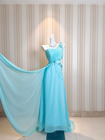 Vintage Ballkleider A-Linie One Shoulder Blau Chiffon 80er Jahre Mit Blumen Lange Formelle Abendgarderobe N4217