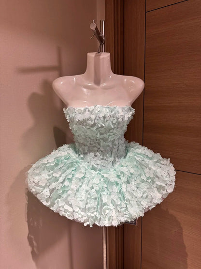 Mignonne Robe de Bal Bustier Vert Menthe Fleurs 3D Robe Courte Soirée à Rio Inspiration Robe de Rentrée Hoco Robes de Bal RB4039
