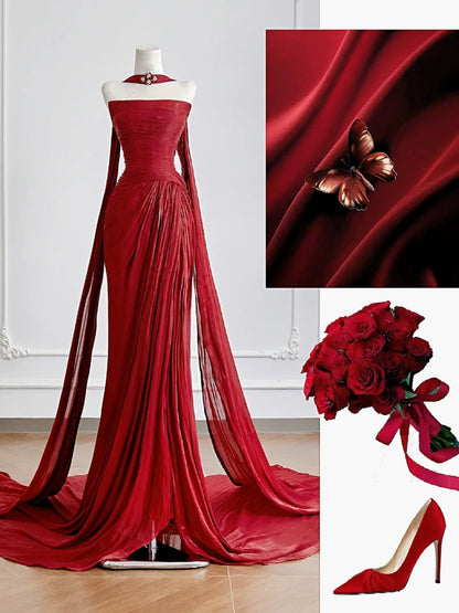 Zeitloses, trägerloses, rotes Chiffon-Abendkleid im Meerjungfrauenstil mit Schalschlitz und Schal – Inspiration für Partykleider N307