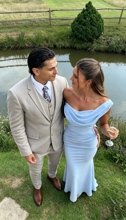 Sexy Meerjungfrau, schulterfrei, hellblau, Chiffon mit Falten, Abendkleider für Frühling, Sommer, Strand, formelle Anlässe, Hochzeitsgäste N2558