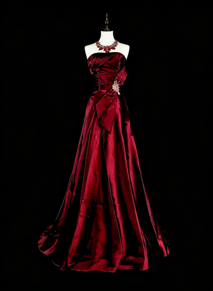 Robes de bal vintage esthétiques Ligne A Bustier Satin bordeaux avec perles Longue robe de soirée N3065