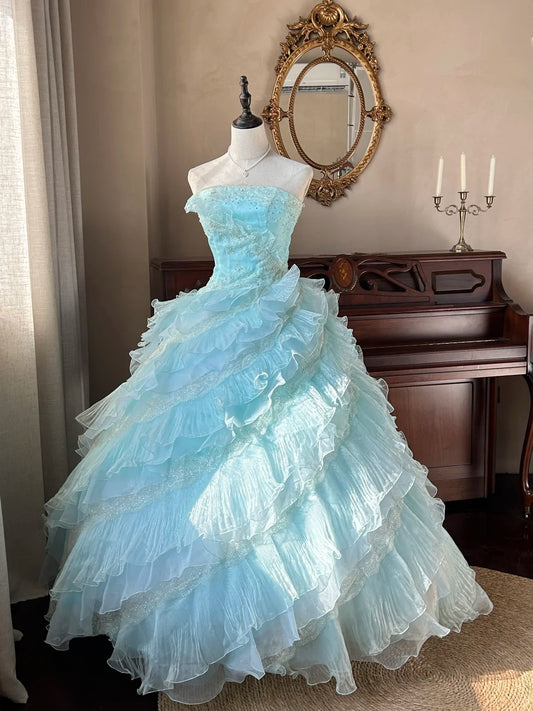 Cute  Ball Gown Strapless Light Blue With Layers Tiered Sweet 16 Dresses Long 15 Vestidos De Fiesta N2268