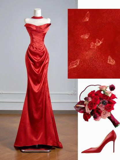 Figurschmeichelndes, trägerloses, rotes Meerjungfrauen-Satinkleid mit Schal, langes Abendkleid, formelles Ballkleid, Geburtstagskleid N383