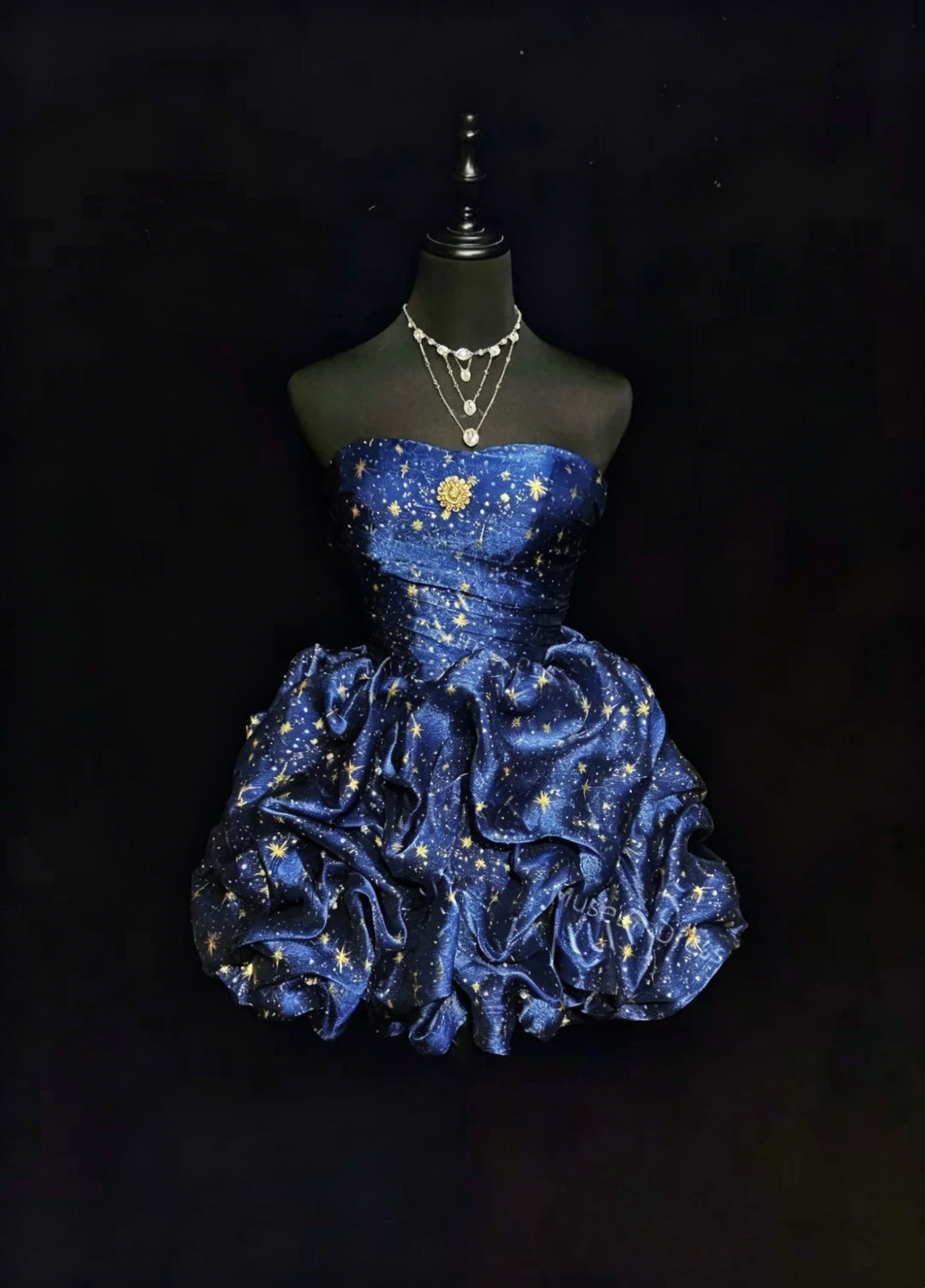 Glamouröses Ballkleid, Neckholder, Marineblau mit goldenen Sternen, Partykleid, Cocktailkleid, Abendkleid, N3813