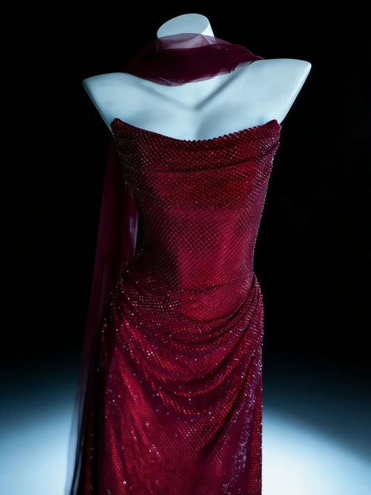 Pretty Prom Dresses Mermaid Strapless Burgundy Sequined With Scarf Long Formal Dress N3046