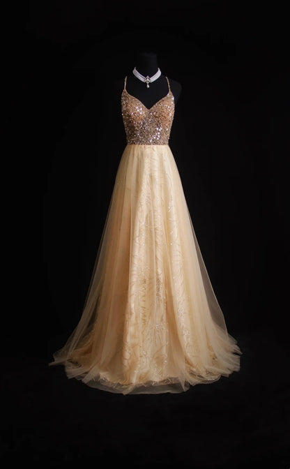 Retro-A-Linien-Kleid mit Spaghettiträgern, Tüll- und Perlenbesatz am Oberteil, langes Ballkleid im Stil der 1950er Jahre, Inspiration für Outfits zum 18. Geburtstag, formelles Kleid N495