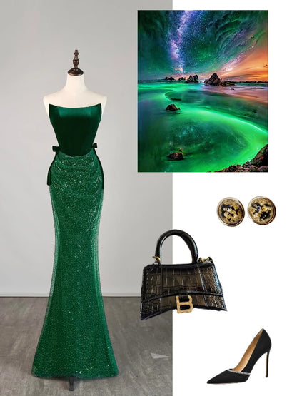 Stunning Mermaid Strapless Green Sequined Prom Dresses Inspiration Evening Dress Princess Graduation Gown N1078
