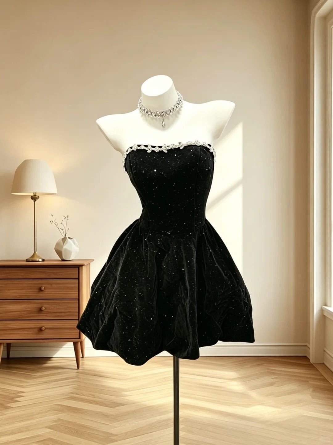 Robe courte de soirée/bal bustier en velours noir mignon, inspiration senior RB3065