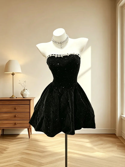 Robe courte de soirée/bal bustier en velours noir mignon, inspiration senior RB3065
