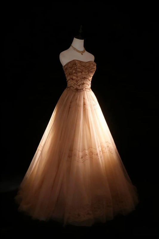 Modest Prom Dresses Ball Gown Strapless Champagne Tulle With Beads Long Quince Dress N2974