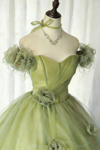 Modest Prom Dresses Ball Gown Off The Shoulder Sage Green Tulle With Sleeves Long Quince Dress N2968