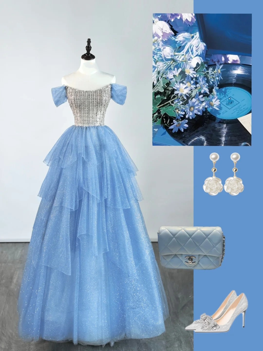 Prinzessinnen-Ballkleid, schulterfrei, Tüll, blau, formelles Outfit für College, Abschlussball, Mädchen-Abschlussball N1347