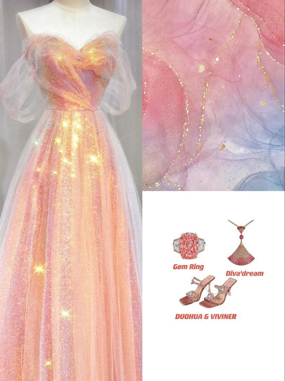 Wunderschönes, schulterfreies, pinkfarbenes Paillettenkleid in A-Linie mit kurzen Ärmeln, formelles Abendkleid, langes Ballkleid N721