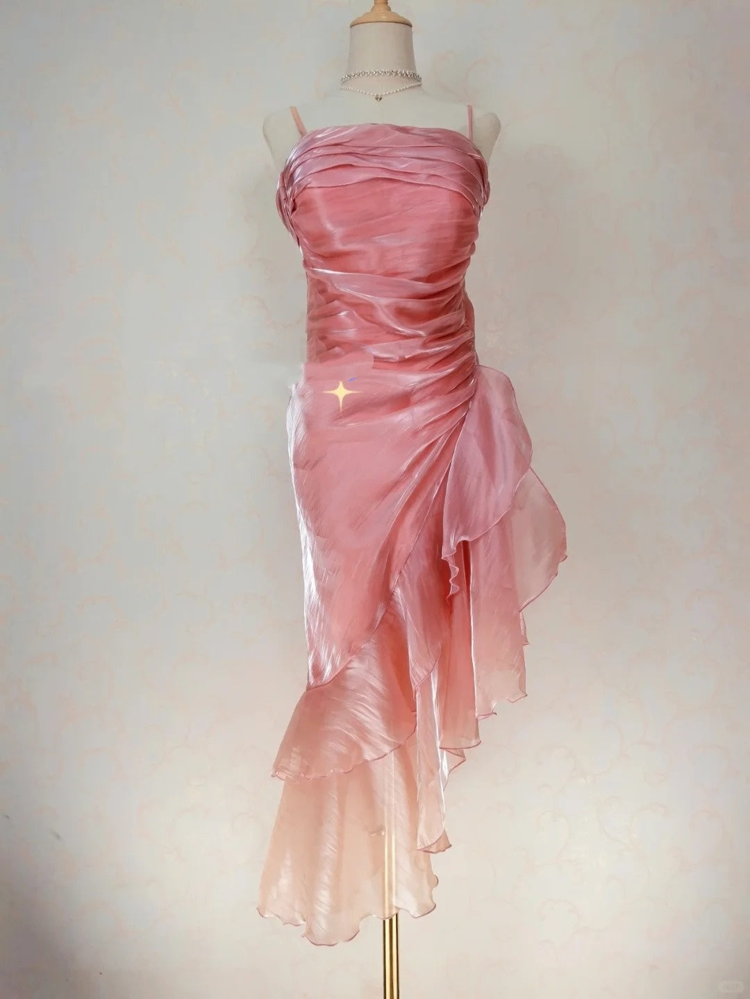 Vintage Prom Dresses 80s Mermaid Spaghetti Straps Pink Irregular Hem Tea Length Formal Outfits RB4315