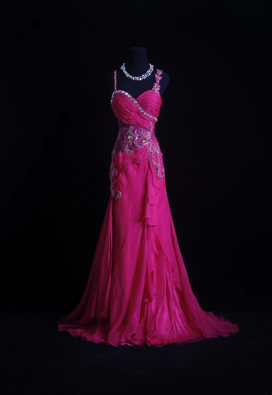 Sparkly Prom Dresses Mermaid Spaghetti Strap Hot Pink Chiffon With Beaded Evening Gown Long Formal Dress RB3261