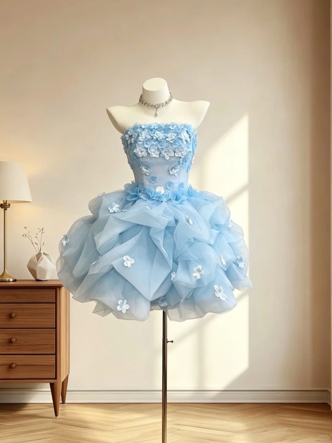 Elegantes Ballkleid trägerlos mit 3D-Blumen ärmellos blau Mini Senior Inspo Kurze Homecoming Kleider RB3067