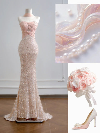 Sparkling Mermaid Sweetheart Champagne Pink Sequin Long Prom Dresses Impress 18th Birthday Outfits Party Gown N386