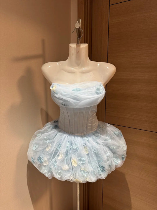 Cute Ball Gown Strapless Light Sky Blue Floral Short Night In Rio Inspo Hoco Dress Ideas Homecoming Dresses RB4037