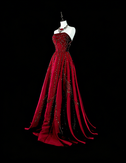 Vintage-Ballkleider A-Linie Trägerlos Burgunder Tüll Mit Perlenbesetztem Oberteil Langes Partykleid N2377