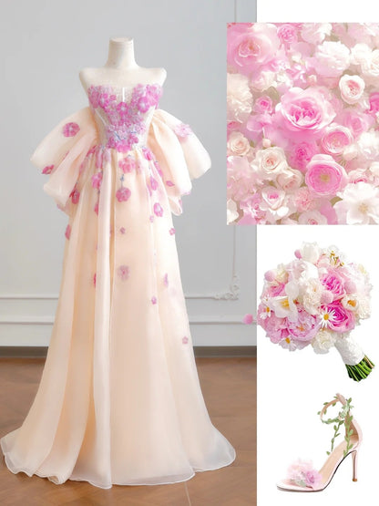 Prinzessinnen-Ballkleid, trägerlos, champagnerfarbener Tüll mit Spitze, langes Abendkleid, Inspiration für Partykleider N309