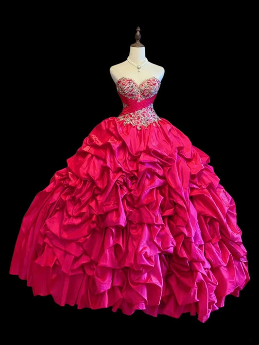 Princess Ball Gown Sweetheart Hot Pink With Layered Tiered Long Sweet 16 Dresses Seventeen Quince Dress RB4027