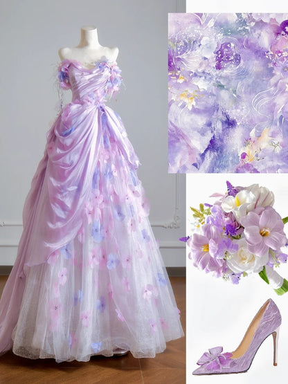 Robe de bal intemporelle bustier en tulle fleuri lilas, inspiration robe de soirée N399