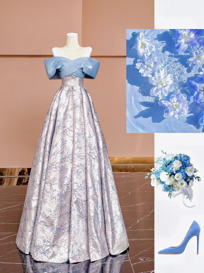 Magnifique robe de soirée bleue en satin, coupe trapèze, épaules dénudées et manches longues, idéale pour les bals de fin d'année (N726).