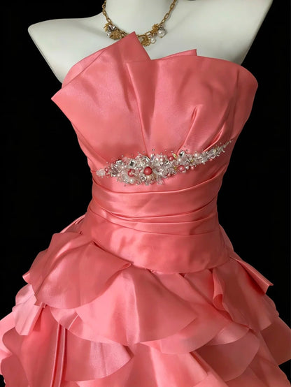 Modest Prom Dresses Ball Gown Strapless Coral Pink Tulle With Beads Long Formal Dress N2957