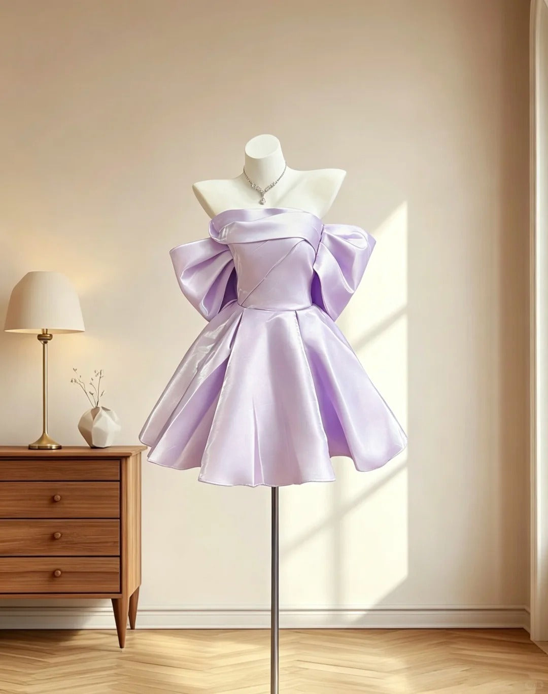 Hübsche Outfit-Ideen für Teenager-Mädchen schulterfrei, Inspiration, kurzes fliederfarbenes Ballkleid, Geburtstags-Outfits, Heimkehrkleid RB3063