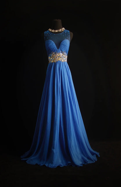 Robe de bal longue rétro années 2000 en mousseline bleu roi, coupe trapèze, col rond, inspiration années 2000, tenue de soirée pour un 19e anniversaire, 500 N