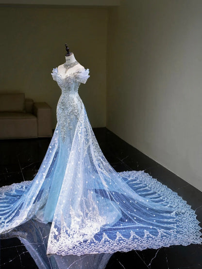 Robe de bal longue bleue à sequins, épaules dénudées, style sirène, inspiration robe de soirée RB1667