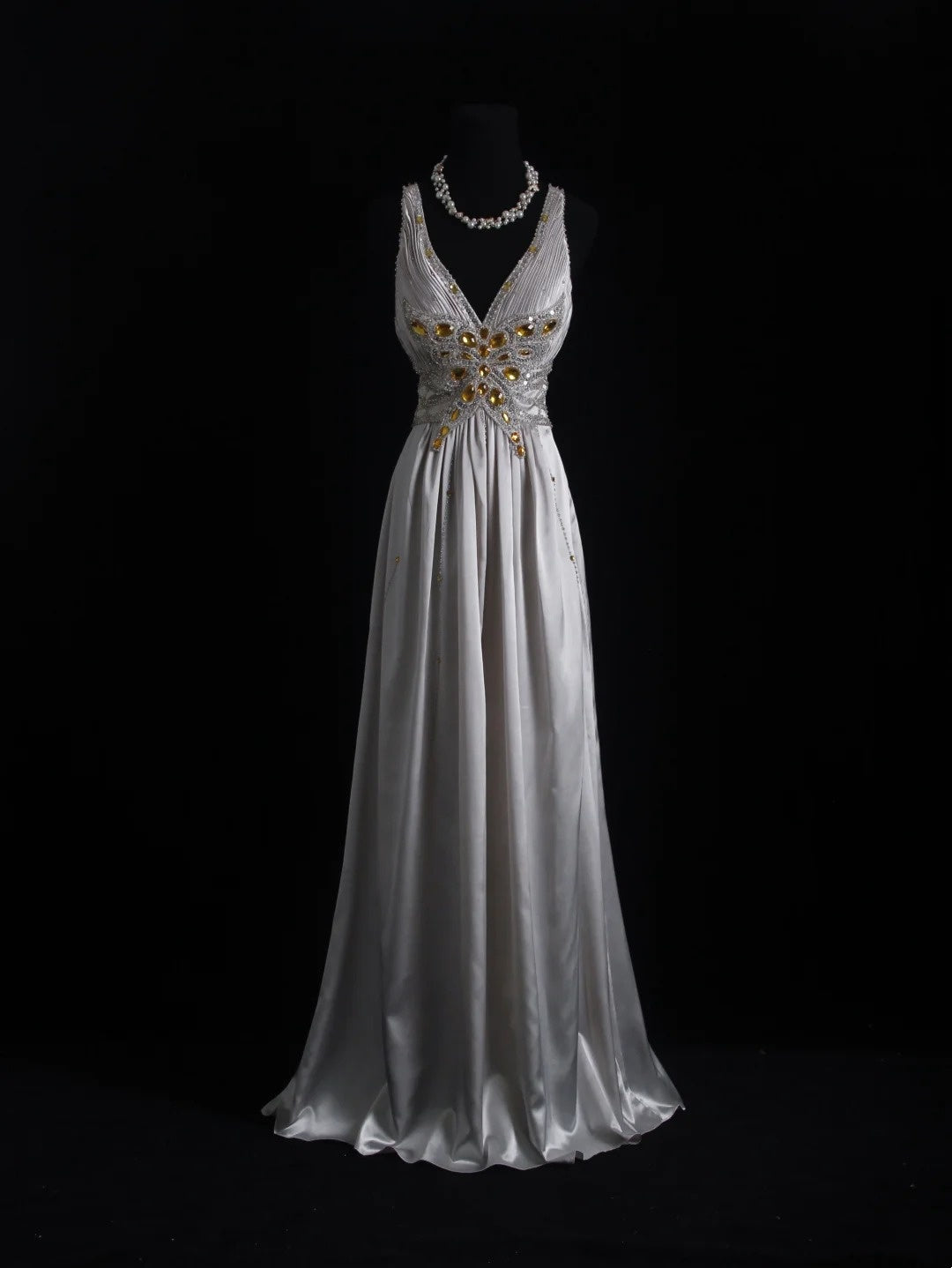 Vintage Prom Dresses 1960s A line V Neck Grey Satin Backless With Beaded Evening Formal Outfits RB5141