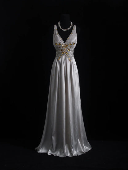 Vintage Prom Dresses 1960s A line V Neck Grey Satin Backless With Beaded Evening Formal Outfits RB5141