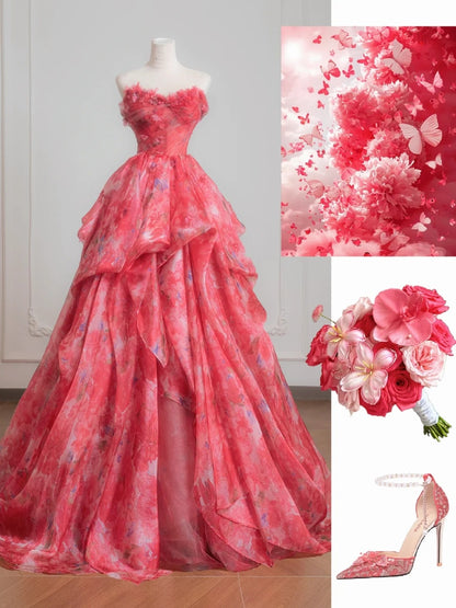 Süßes Ballkleid, herzförmig, rosa, geblümt, Chiffon, langes formelles Abendkleid, formelles Geburtstagskleid, Ballkleid N727