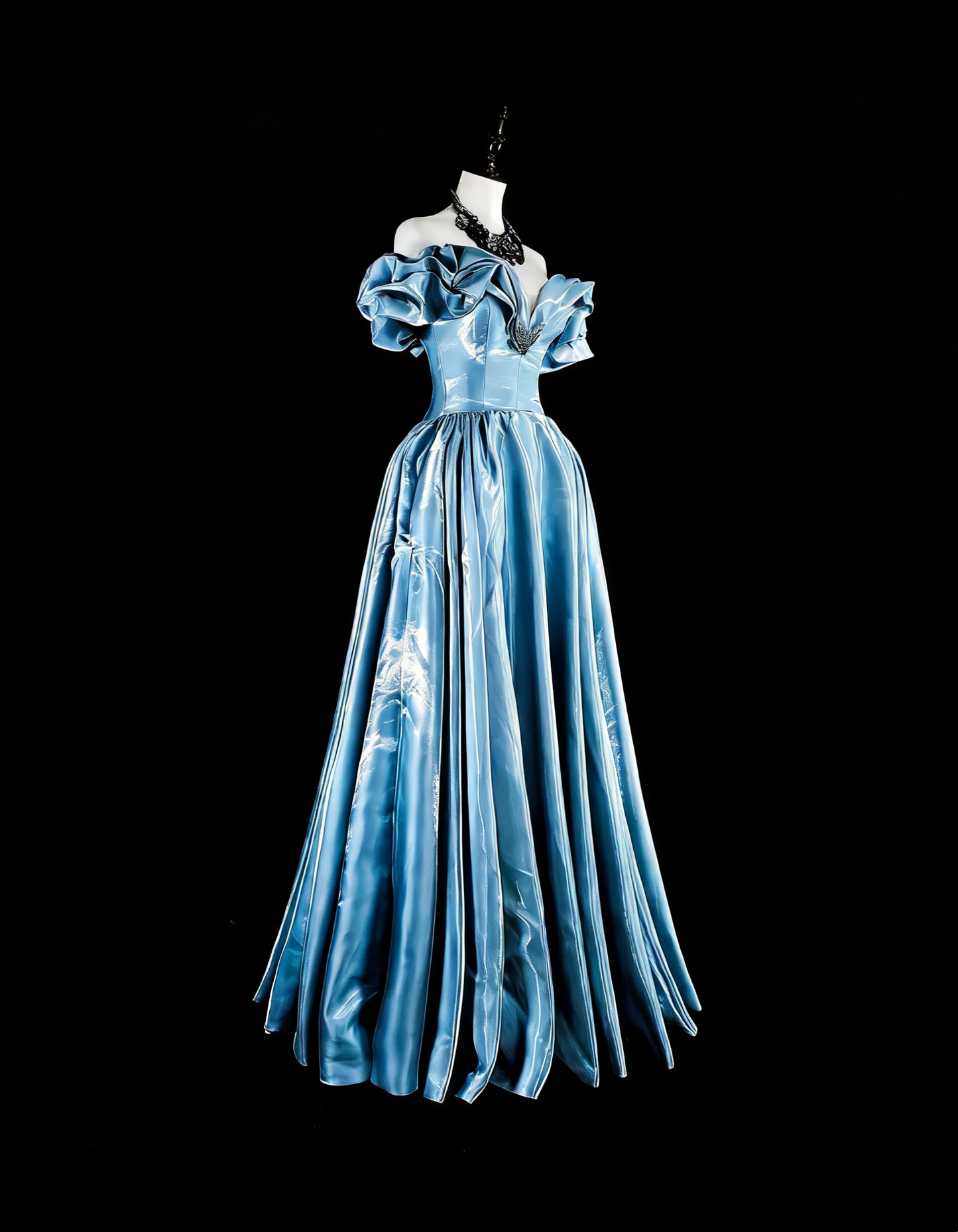 Robes de bal de rêve Esthétique rétro années 80 Épaules dénudées Bleu clair Longues tenues de soirée N2363