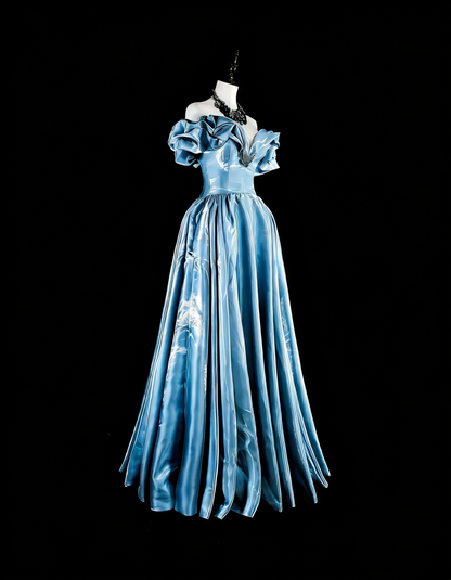 Robes de bal de rêve Esthétique rétro années 80 Épaules dénudées Bleu clair Longues tenues de soirée N2363