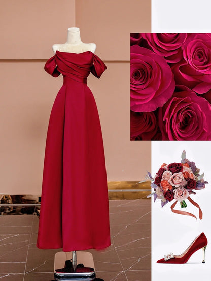 Magnifique robe de soirée longue en satin bordeaux, coupe trapèze, épaules dénudées et manches courtes, référence N722