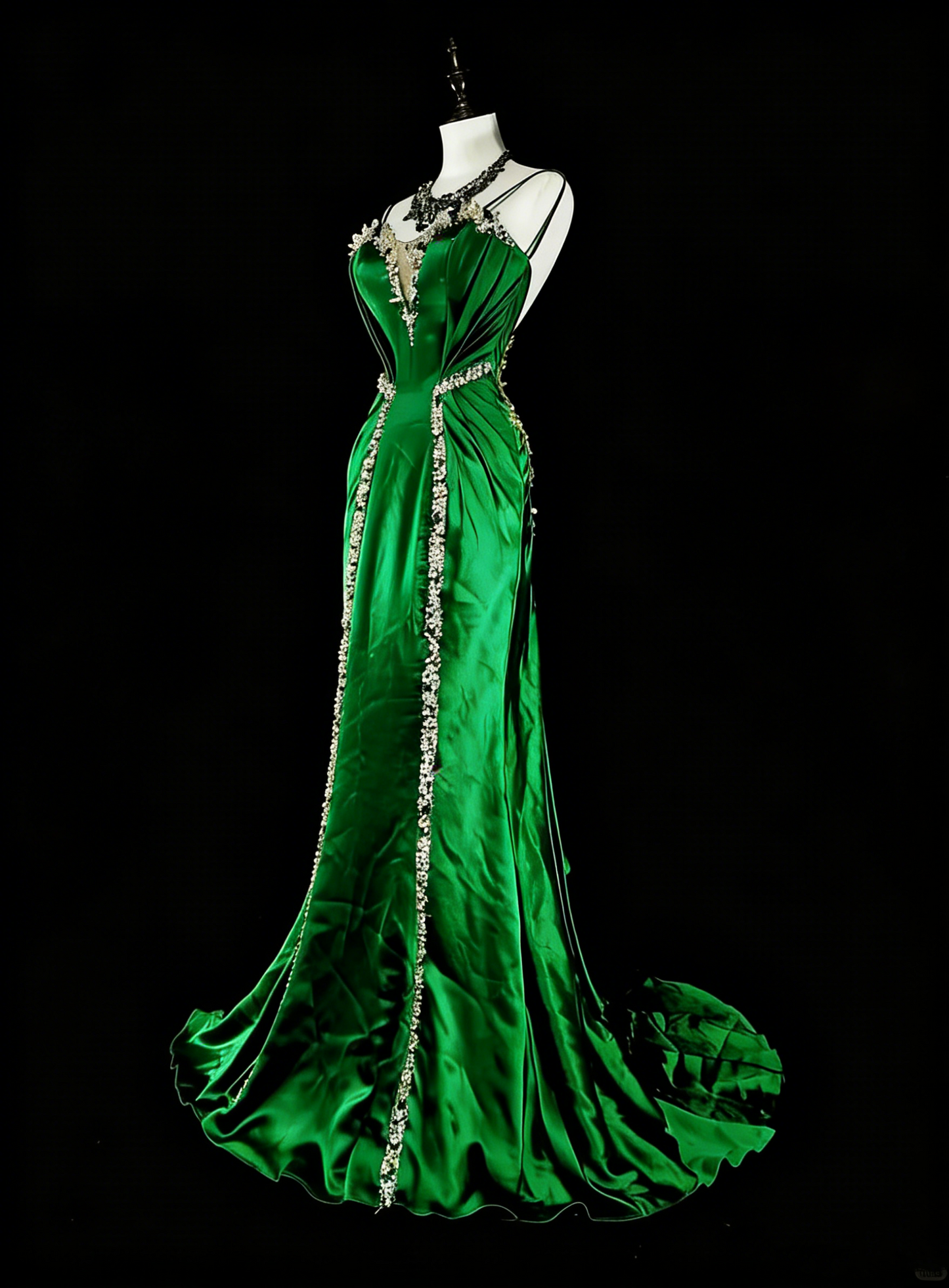 Vintage Meerjungfrauen-Kleid mit Spaghettiträgern, grünem Satin, rückenfrei, langes Abendkleid, formelles Kleid für den 18. Geburtstag, Abschlussball, N1750