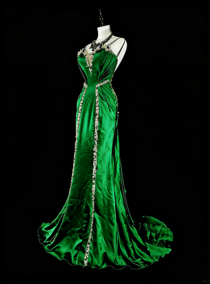 Vintage Meerjungfrauen-Kleid mit Spaghettiträgern, grünem Satin, rückenfrei, langes Abendkleid, formelles Kleid für den 18. Geburtstag, Abschlussball, N1750