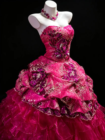 Princess Ball Gown Strapless Hot Pink Ruffled Layers Tiered With Flowers Sweet 16 Dresses Quinceanera Dress N4187
