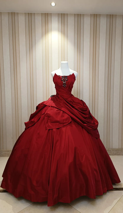 Princess Ball Gown Strapless Red Satin With Appliqued Sweet 16 Dresses Quinceanera Dress N4193
