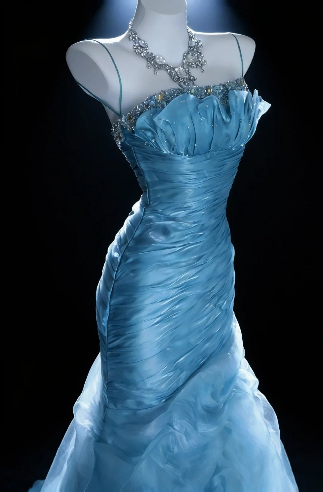 Jolies Robes de Bal Sirène Bretelles Spaghetti Organza Bleu avec Corsage Perlé Longue Robe de Soirée N3045
