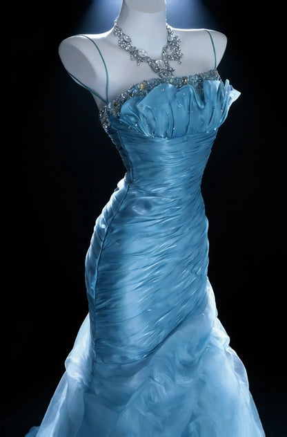 Jolies Robes de Bal Sirène Bretelles Spaghetti Organza Bleu avec Corsage Perlé Longue Robe de Soirée N3045